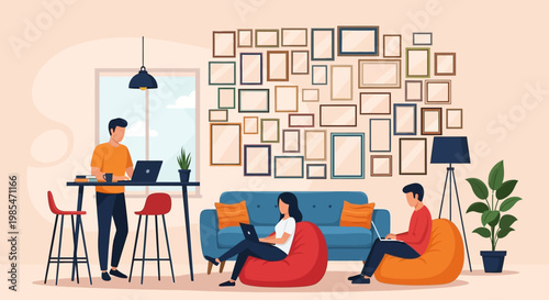 People working on laptops in a modern co-working space.