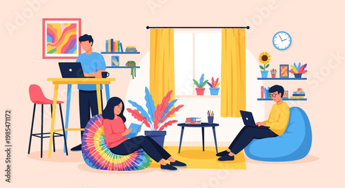 People working remotely in a cozy home office environment.