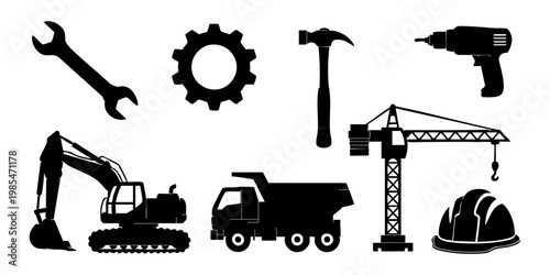 Construction site with various heavy machinery and tools on display