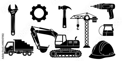 Construction equipment and tools are displayed on a clean surface