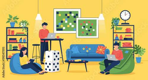 People working on laptops in a modern coworking space.