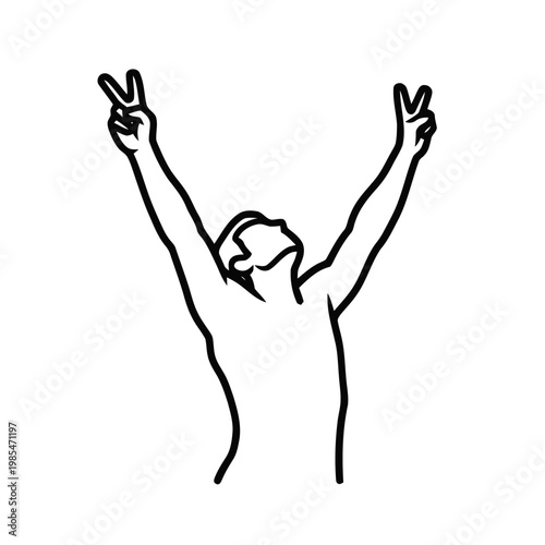 Athlete celebrates a triumphant victory with both arms raised high in a classic peace sign gesture, embodying a sense of achievement and positive spirit through a clean, minimalist line illustration.