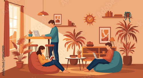 People working remotely in a cozy home office environment.