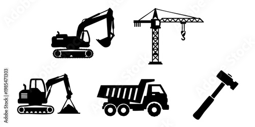 Construction site with excavators, crane, truck and hammer for demolition