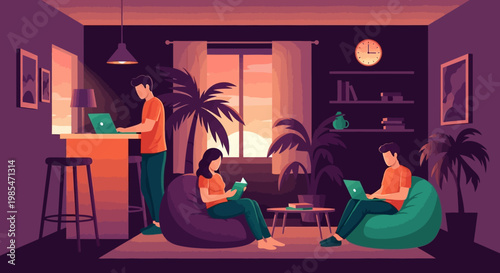 People working remotely in a cozy living room.