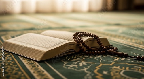 An open Quran with prayer beads resting on its pages, placed on a patterned carpet.