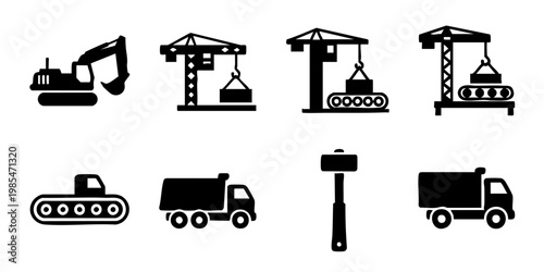 Heavy machinery and construction vehicles icons on white background