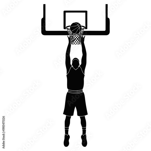 Basketball player performs a powerful slam dunk into the hoop to score points during a competitive match.