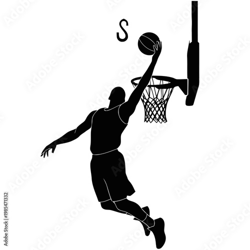 Basketball player executes a slam dunk into the hoop as a detailed black silhouette isolated on a white background.