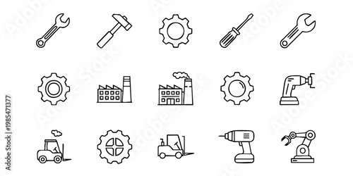 Industrial tools and machinery icons on a white background