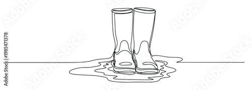 Continuous line drawing of rain boots standing in a puddle, symbolizing rainy weather protection and outdoor activities, perfect for minimalist graphic applications or weatherrelated