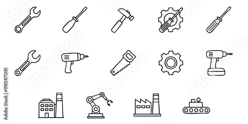 Various industrial tools and equipment icons are displayed on a clean background