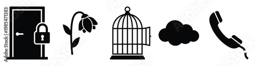 Assortment of black silhouette pictograms symbolizing confinement freedom decay broken communication and digital cloud presence ideal for various web and graphic design projects