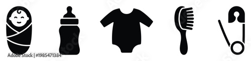Essential baby care items represented as black glyph icons including a newborn, bottle, bodysuit, brush, and safety pin suitable for digital parenting content and educational materials