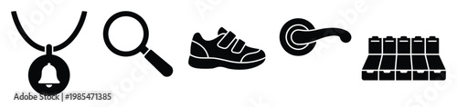 Collection of diverse black silhouette icons featuring a bell necklace, magnifying glass, sneaker, door handle, and batteries, excellent for various graphic design and educational
