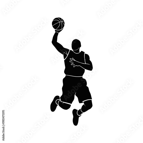 Basketball player silhouette is jumping high in the air to perform a powerful slam dunk maneuver against a clean white background.
