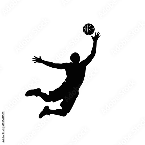 Basketball player silhouette leaps through the air to attempt a long range jump shot with arms outstretched while showcasing athletic grace and intense focus during a match.