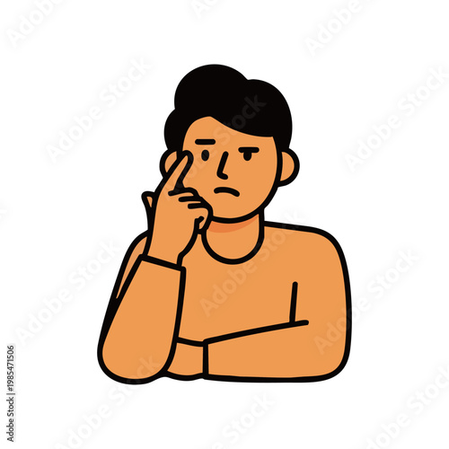 A man with a worried expression touches his temple while sitting in a pensive posture.