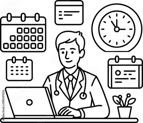 A smiling doctor wearing a stethoscope is working on a laptop computer surrounded by calendars a clock and a small potted plant representing medical appointment scheduling and time management
