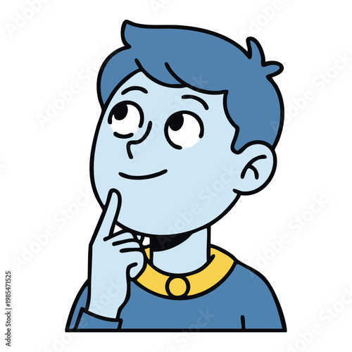 A cartoon boy with blue hair and a thoughtful expression touches his chin.