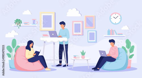 People working remotely in a modern co-working space.