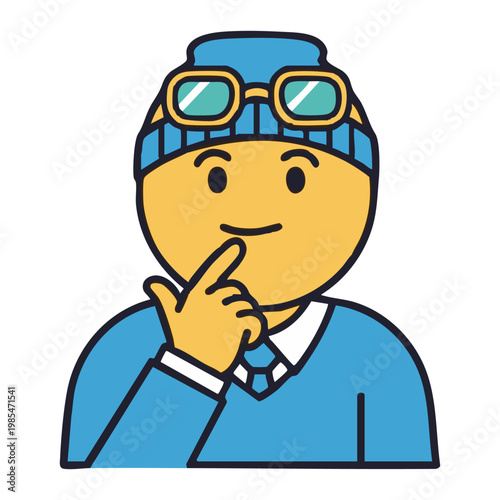 A cartoon character wearing goggles and a beanie thinks deeply.