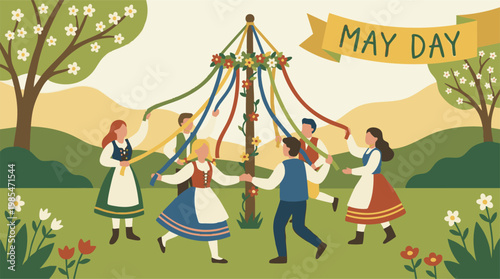 Traditional May Day festival dance around a Maypole illustration