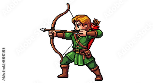 Pixel Art Archer Character Aiming Bow and Arrow.