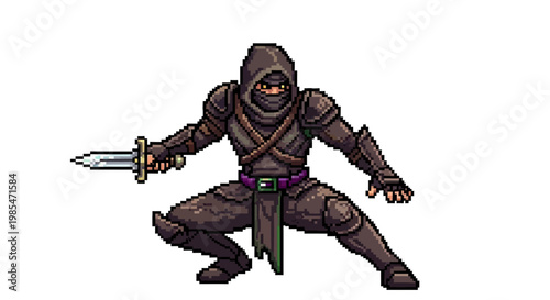 Pixel Art Assassin Warrior Crouching With Sword.