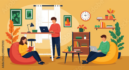 People working and studying in a cozy home office environment.