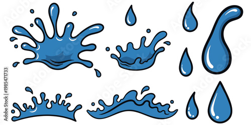 Water droplets splash and wave in various shapes and sizes on a clean surface