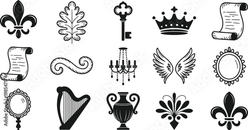 Vintage Royal Heraldic Elements and Antique Ornament Collection – Classic Black and White Vector Set