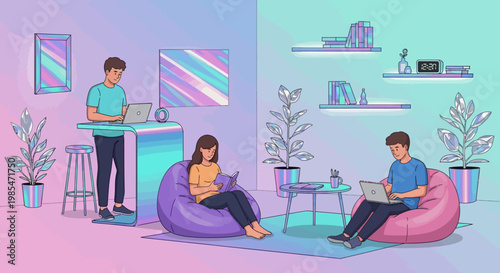 People working remotely in a modern coworking space.