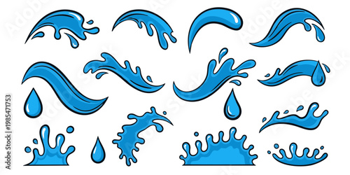 Various blue water splashes and droplets falling in air