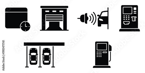 Collection of automotive service and vehicle maintenance icons including car parking, electric charging, gas station, garage, and scheduling for mobile application or website interface