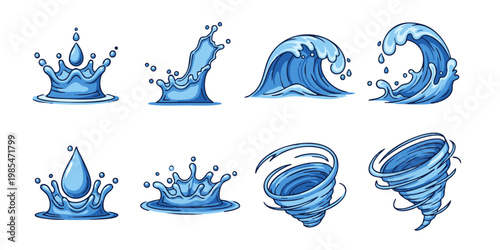 The illustration showcases various water movements including waves, splashes, and tornadoes.