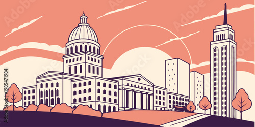 Modern generic global city skyline at sunset, flat vector illustration, warm orange and pink gradient sky.