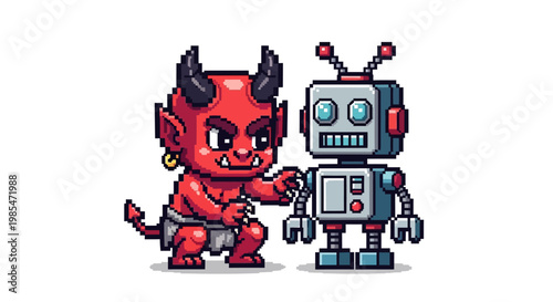 Pixel Art Devil and Robot Friends Together.