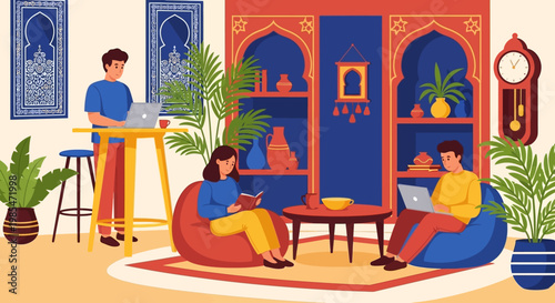 People working and studying in a cozy home office.