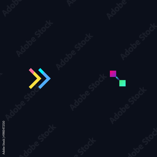 Minimalist corporate technology set with split chevron and connected squares on dark background graphic illustration