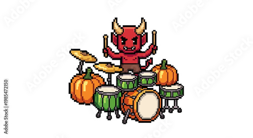 Pixel Art Devil Playing Pumpkin Drum Set.
