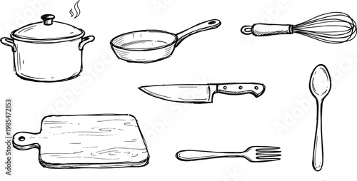 Hand drawn kitchen utensils a sketch of pots pans knives and cutting boards for culinary arts