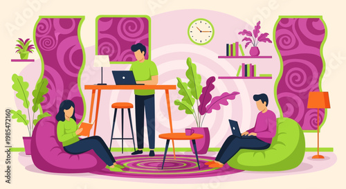 People working on laptops in a modern living room.