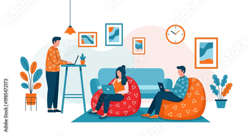 People working remotely in a modern living room setting.