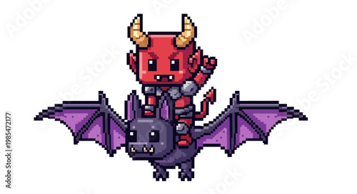 Pixel Art Devil Riding a Bat Character.