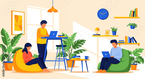 People working on laptops in a modern home office setting.