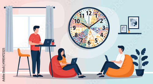 People working remotely in a modern office space.