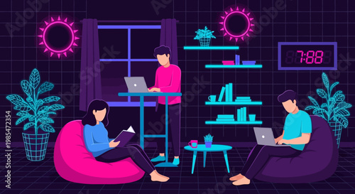 People working remotely on laptops in a modern co-working space.