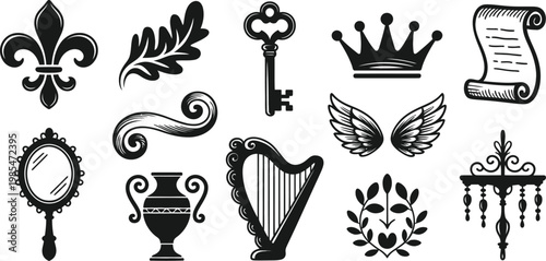 Vintage Royal Heraldry Icon Set – Premium Black and White Vector Collection for Elegant Design