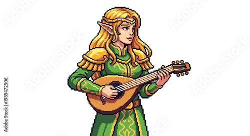 Pixel Art Elf Bard Playing Lute in Green Outfit.